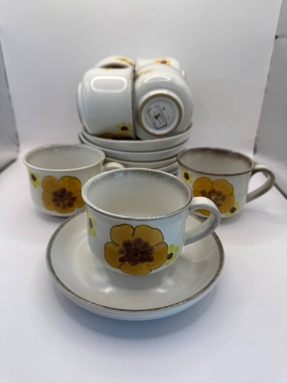 Denby Minstrel Coffee / Tea Cup and Saucer Set of 7.
